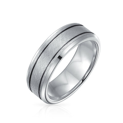 Tungsten Wedding Band Ring for Men - Wide Silver Tone Double Grooved Matte Finish