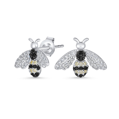 Estate Art Deco Style Black White CZ Queen Bumble Bee Stud Earrings .925 Silver