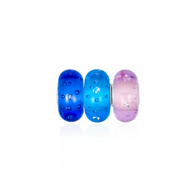 Transparent Aqua Blue Pink Bubble Glass Set of 3 Silver Bead Charm
