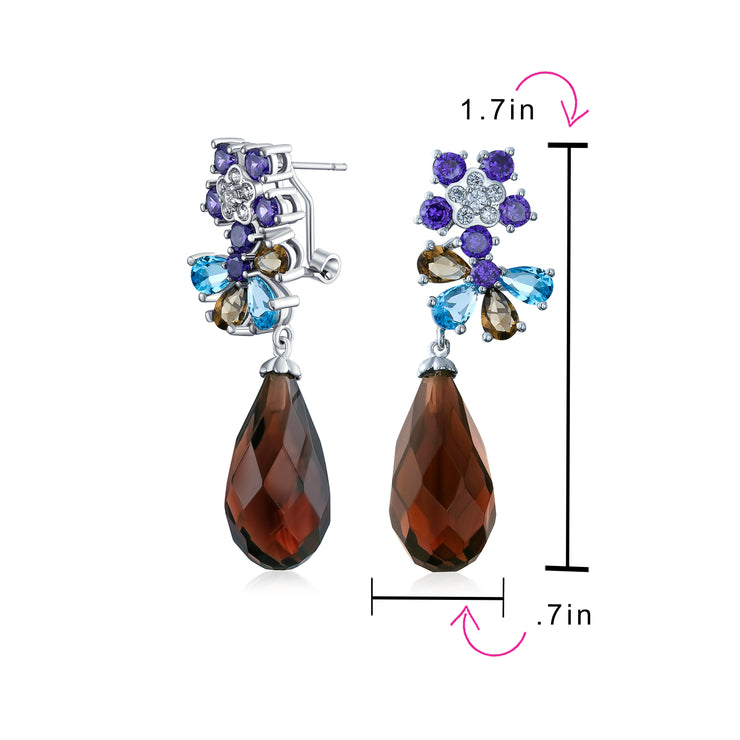 Purple Burgundy CZ Teardrop Flower Statement Earrings Silver Plated