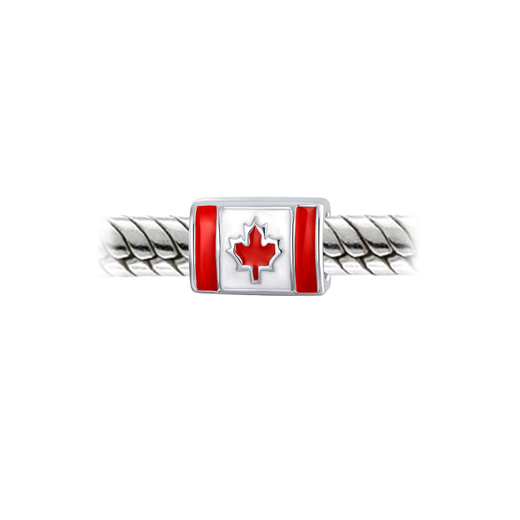Set of 2 Red Enamel Canadian Flag & Maple Leaf Dangle Charm Bead Oxidized Silver