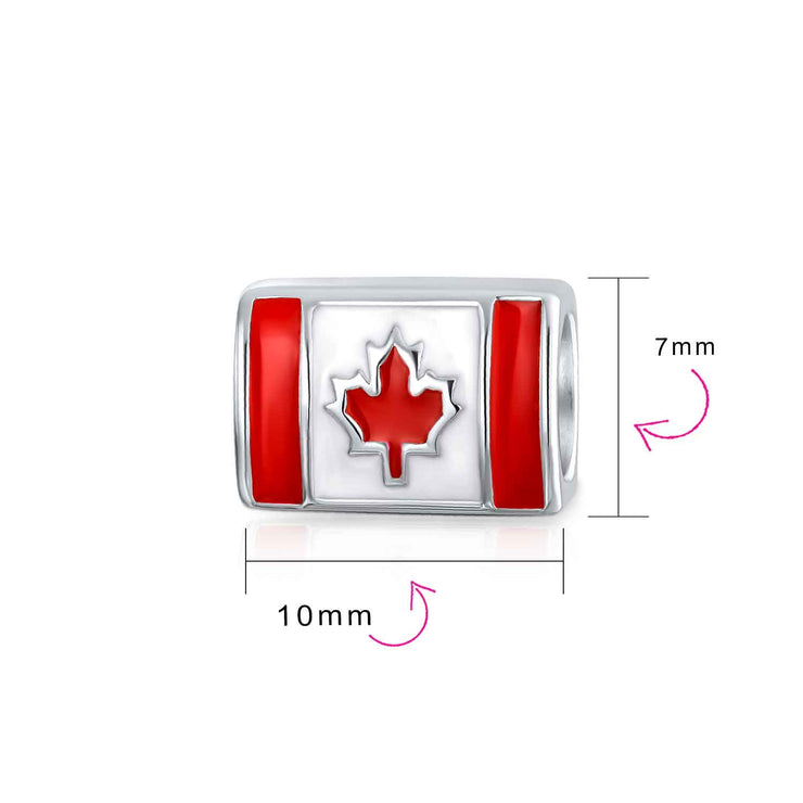 Set of 2 Red Enamel Canadian Flag & Maple Leaf Dangle Charm Bead Oxidized Silver