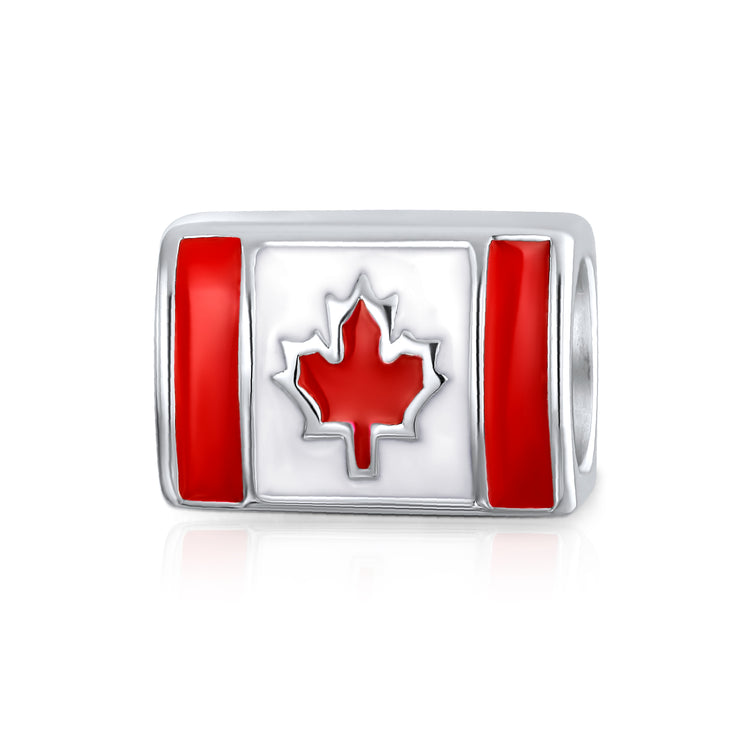 Set of 2 Red Enamel Canadian Flag & Maple Leaf Dangle Charm Bead Oxidized Silver