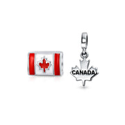 Set of 2 Red Enamel Canadian Flag & Maple Leaf Dangle Charm Bead Oxidized Silver