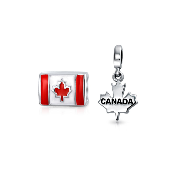 Set of 2 Red Enamel Canadian Flag & Maple Leaf Dangle Charm Bead Oxidized Silver