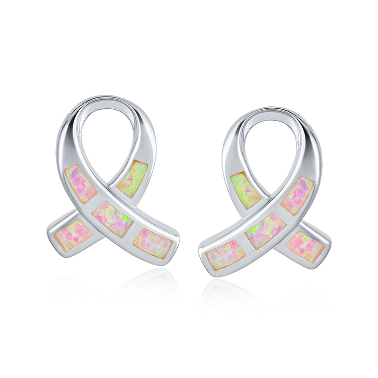 Pink Opal Ribbon Breast Cancer Awareness Stud Earrings Sterling Silver 8MM