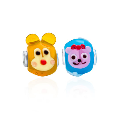 Set of 2 Whimsical Teddy Bear Glass Charm Beads for European Bracelets