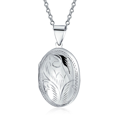 Vintage Engraved Leaf Oval Locket Pictures Sterling Silver 1.5 Inch