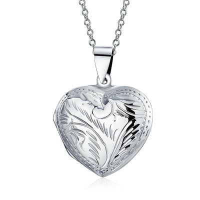 Vintage Style Leaf Engraved Puff Heart Photo Keepsake Locket Silver