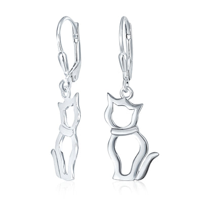 Best Friend Animal Lover Dangle Earrings Sterling Silver Cat Design