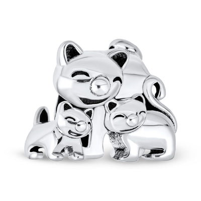 Mommy Cat & Kittens Charm Bead Sterling Silver for European Bracelet