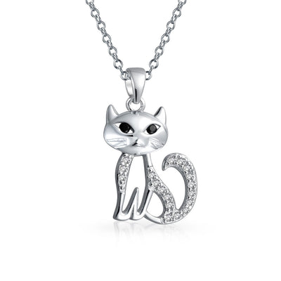 Cute Sitting Kitty Kitten Cat Pendant CZ Pet Necklace Sterling Silver
