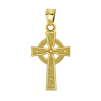 14K Yellow Gold is Love Celtic Religious Cross Pendant