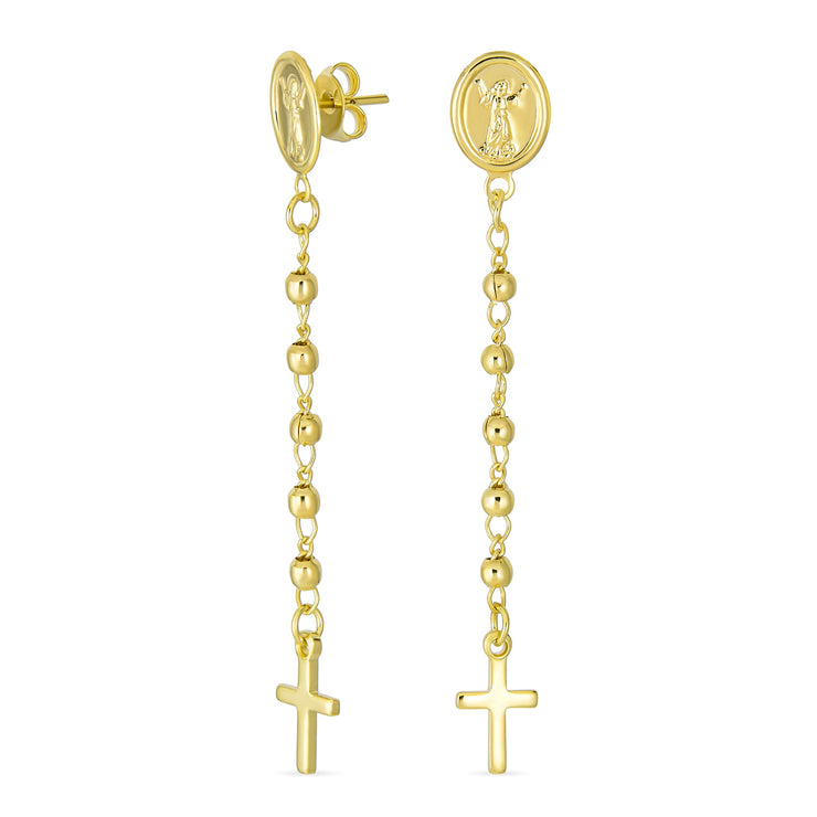 Religious Medallion Angel Cross Long Chain Dangle Earrings Gold Plated