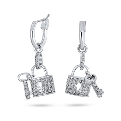 Pave Crystal Lock & Key Charm Dangle Earrings Silver Plated for Couples