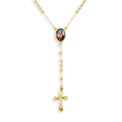 Holy Cross Virgin Mother Mary Rosary  Beads 3MM Ball Gold Plated Y Necklace