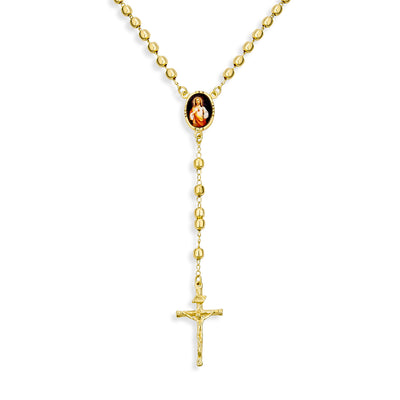 Holy Cross Scared Heart of Jesus Rosary Beads 4MM Ball Gold Plated Y Necklace