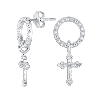 Religious Circle Fleur De Lis Cross Dangle Earrings .925 Silver