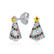 Christmas Tree Red Green Cubic Zirconia Stud Earrings Silver Plated