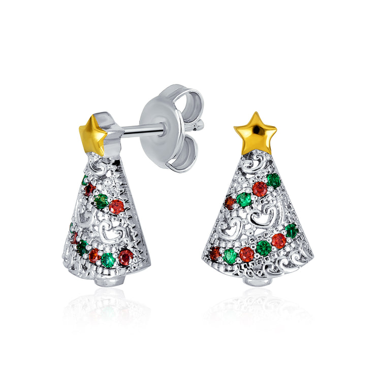 Christmas Tree Red Green Cubic Zirconia Stud Earrings Silver Plated