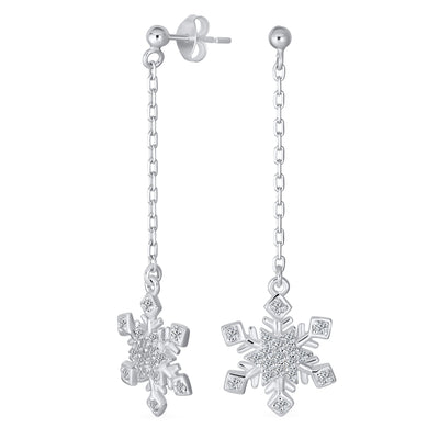 Winter CZ Snowflake Dangle Chandelier Earrings in Sterling Silver for Holiday Party