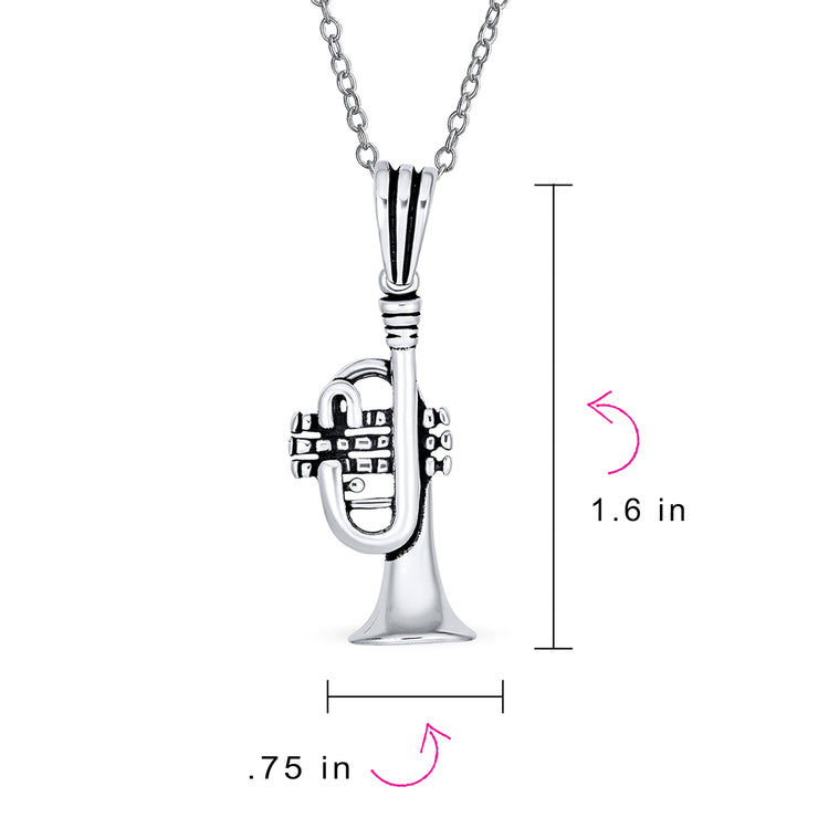 Musician Jazz Lover Trumpet Instrument Pendant Necklace .925 Silver