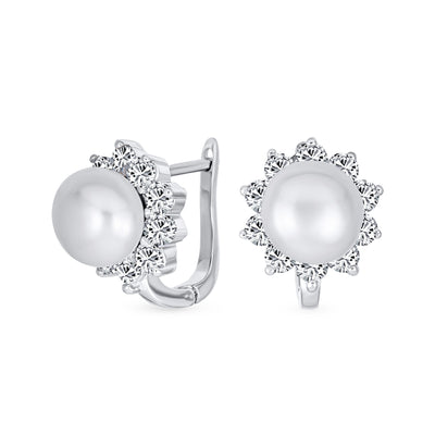 White Cultured Pearl Bridal CZ Halo Round Stud Earrings .925 Silver