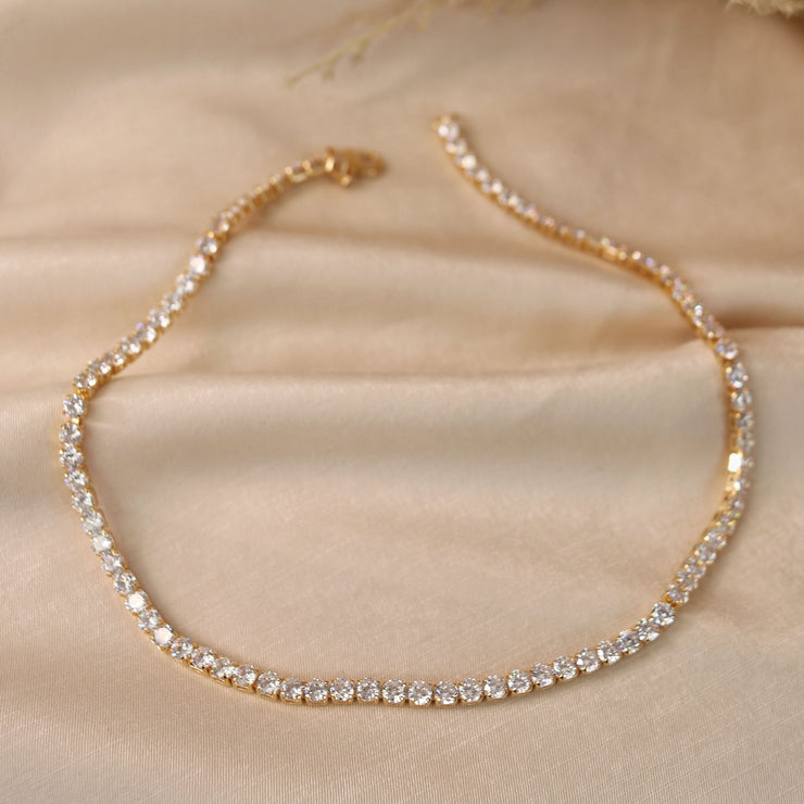 Classic Bridal Collar Necklace with CZ Round Prong Set 14K Gold Plated 16 Inch