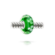 Set of 4 Green Floral Hibiscus Glass Charm Bead Silver for European Bracelet