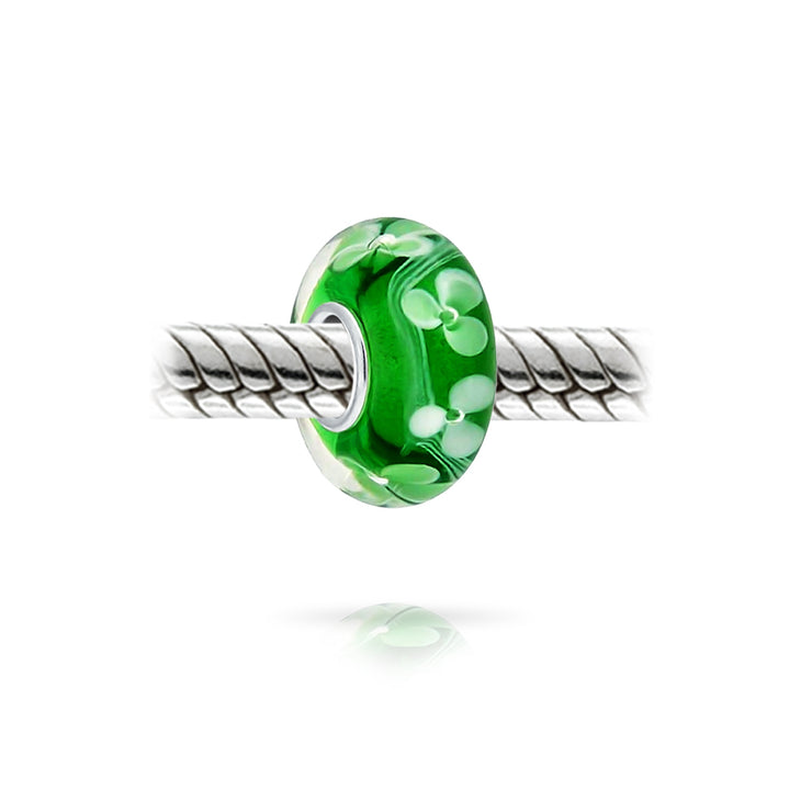 Set of 4 Green Floral Hibiscus Glass Charm Bead Silver for European Bracelet
