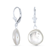 Baroque Coin Shaped Bridal Pearl Dangle Earrings Sterling Silver Lever Back