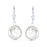 White Biwa Coin Freshwater Cultured Pearl Dangle Earrings .925 Silver