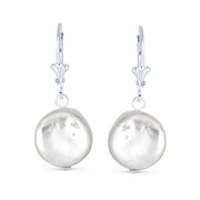 Baroque Coin Shaped Bridal Pearl Dangle Earrings Sterling Silver Lever Back