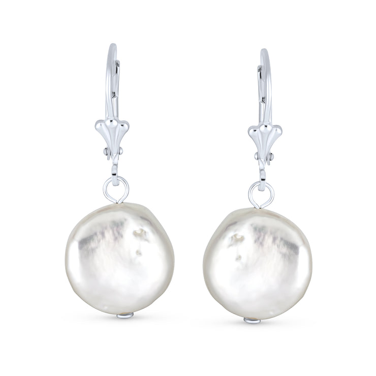 Baroque Coin Shaped Bridal Pearl Dangle Earrings Sterling Silver Lever Back