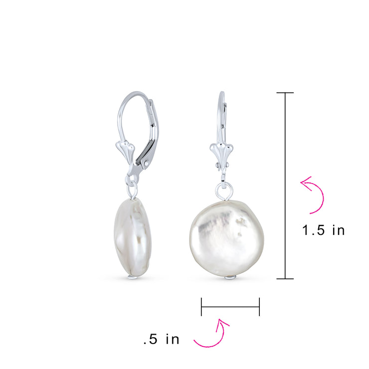 Baroque Coin Shaped Bridal Pearl Dangle Earrings Sterling Silver Lever Back