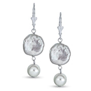 Bridal White Coin Biwa Pearl Dangle Earrings in Sterling Silver Lever Back