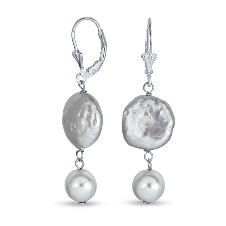 Bridal White Coin Biwa Pearl Dangle Earrings in Sterling Silver Lever Back