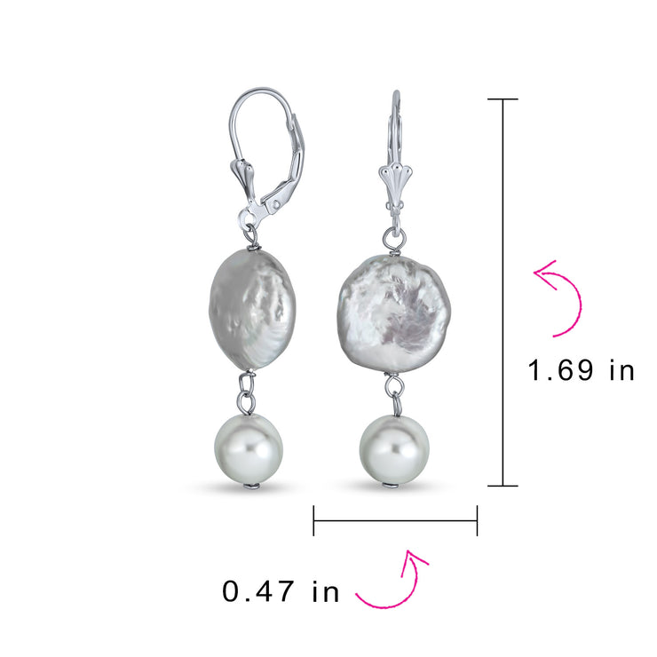 Bridal White Coin Biwa Pearl Dangle Earrings in Sterling Silver Lever Back