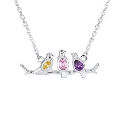 Colorful Three Birds Sitting on a Branch CZ Necklace .925 Silver