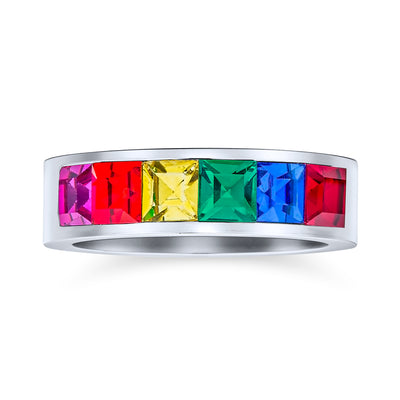 Colorful Gay Pride Square CZ's Rainbow Ring LGBTQ Wedding Band Ring