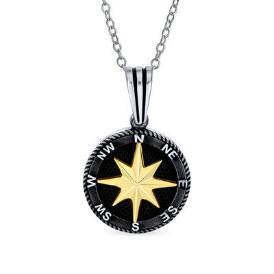 Unisex Viking Compass Pendant Necklace Black Plated Sterling Silver Chain