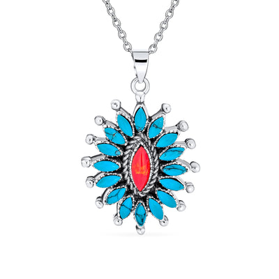 Oval Concho Red Coral Enhanced Turquoise Silver Pendant Necklace