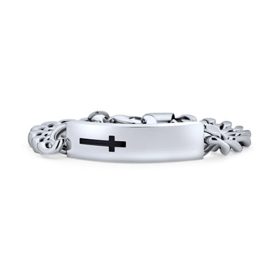 Men's Silver Tone Stainless Steel Cross ID Bracelet with Curb Chain