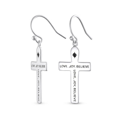 Inspirational Words Love Joy Believe Dangle Religious Cross Earrings Fish Hook