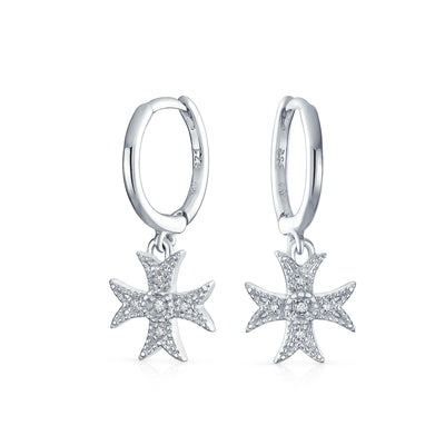 Pave CZ Religious  Maltese Cross Dangling Hoop Earrings .925 Silver