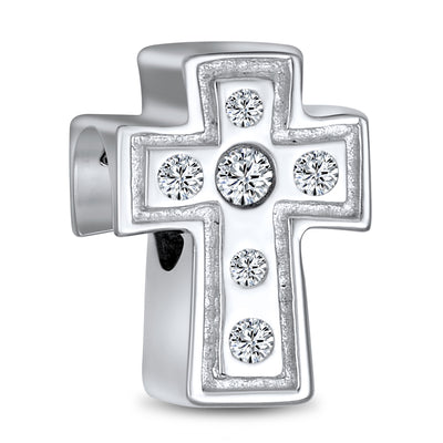 Spiritual Religious Clear CZ Cross Charm Bead .925Sterling Silver