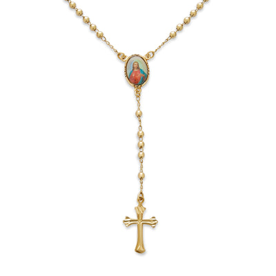 Holy Cross Scared Heart of Jesus Rosary Beads 3.5MM Ball Gold Plated Y Necklace