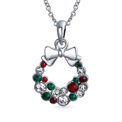 Fashion Sparkling Christmas Bow Crystal Holiday Pendant Necklace Silver Plated