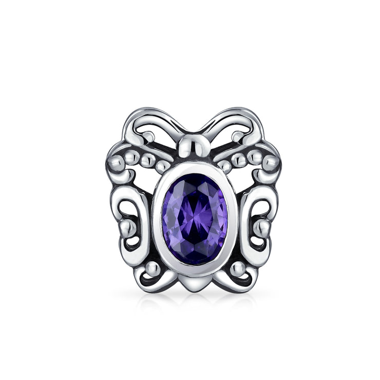 Purple Butterfly Bead Imitation Amethyst CZ Charm .925 Sterling Silver