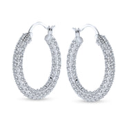 Bridal CZ Hoop Earrings Silver Plated Brass 1.3" Diameter Pave Statement Jewelry